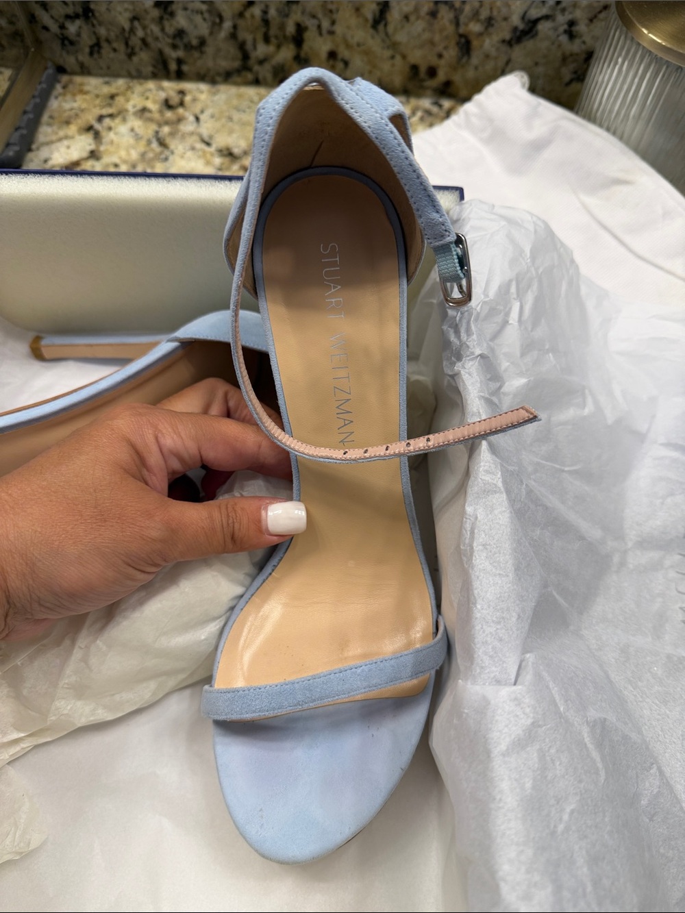 Stuart Weitzman Pale Blue Azure Suede Nudistsong Ankle-Strap Heels